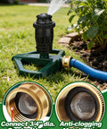 Sturdy Zinc Alloy Base Lawn Sprinkler With Adjustable Spray Coverage And Five Spray Pattern Modes set on grass
