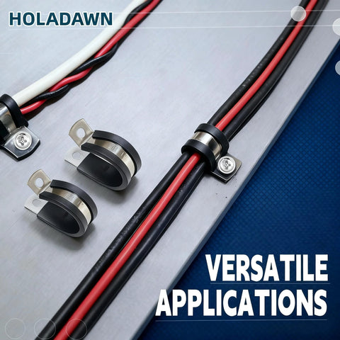 HOLADAWN 60‑pc cable clamps kit; 304 stainless steel clamps with rubber cushions for pipes, five sizes 1/4–1in. Front view