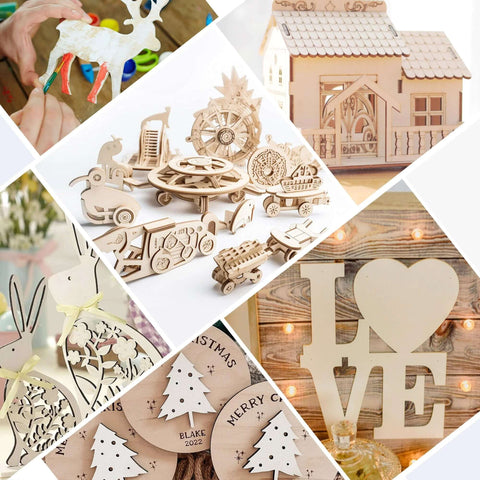 LotFancy basswood sheets, 12x12x1/16 in, 12-pack craft wood sheets for DIY projects; collage of wooden models.