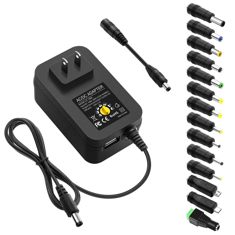 All-In-One 30W Universal Power Adapter With Adjustable DC Output 3V To 12V, 2.5A Max, 14 Tips, 5V 2.1A USB Port shown