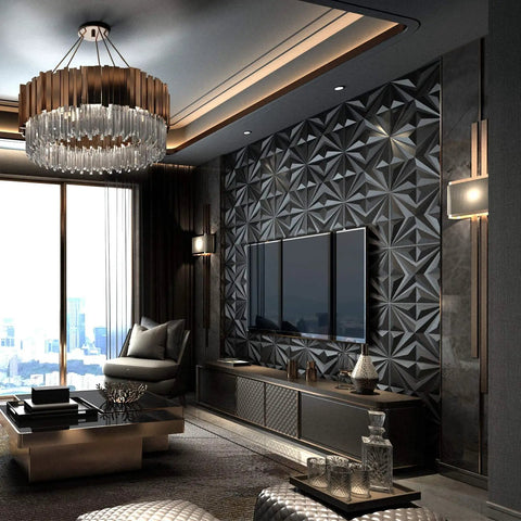 Modern living room with dark Dope 3D Star Textured PVC Wall Panels White Decor Tiles Pack of 12, 19.7 x 19.7 Inches Each, TV setup.