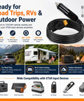 No Hassle Bulletproof XT60 To 12V 24V Car Charger Cable laid out for RV power connections, showcasing its length and fuse safety feature.