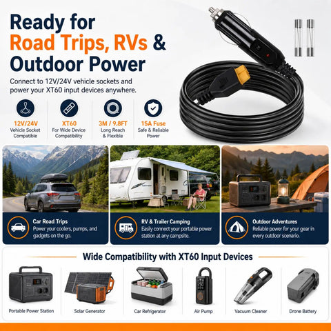 No Hassle Bulletproof XT60 To 12V 24V Car Charger Cable laid out for RV power connections, showcasing its length and fuse safety feature.