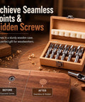 Bulletproof Six Piece Woodworking Dowel Plug Cutter Set For Plowing Through Thick Lumber And Snapping Tenons With Heavy Duty Steel Blades And Solid Wooden Carry Case showcased in a wooden box.