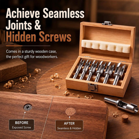 Bulletproof Six Piece Woodworking Dowel Plug Cutter Set For Plowing Through Thick Lumber And Snapping Tenons With Heavy Duty Steel Blades And Solid Wooden Carry Case showcased in a wooden box.