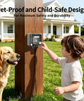 Heavy Duty One Gang Outdoor Electrical Outlet Box Featuring IP66 Weatherproof with child interacting and dog nearby.