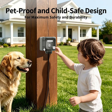 Heavy Duty One Gang Outdoor Electrical Outlet Box Featuring IP66 Weatherproof with child interacting and dog nearby.
