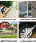 Pressure washer nozzle tips collage: deck cleaning, windows, farm equipment, and car wheel cleaning.