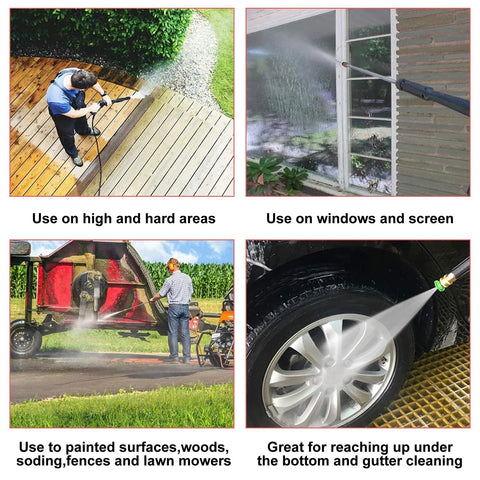 Pressure washer nozzle tips collage: deck cleaning, windows, farm equipment, and car wheel cleaning.
