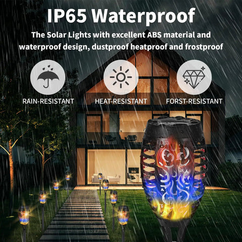 Rain-resistant Six Pack Solar Torch Lights with Colorful Flickering Flames, Weatherproof Tiki Torches for Outdoor Pathways