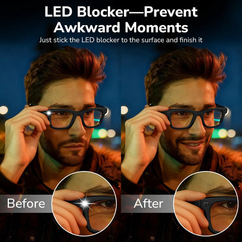 Before and after using LED Light Blocking Stickers For Meta Glasses Gen 1 And 2 Wayfarer Skyler Headliner Oakley HSTN.