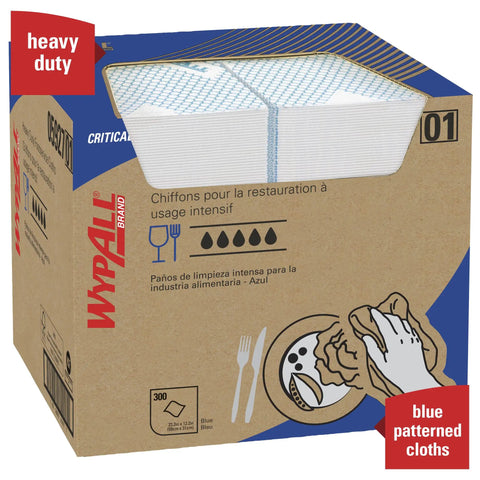Box of CriticalClean High Capacity Heavy Duty Foodservice Cloths with blue pattern showing 300 sheets.