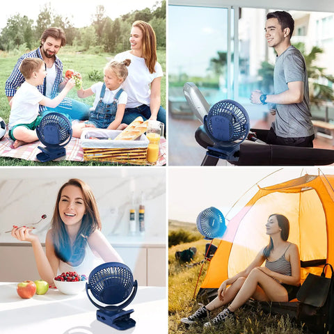 Clip On Fan With 12000mAh Battery All Day Portable Desk Fan USB Rechargeable with family, treadmill, kitchen, and tent scenes