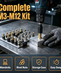 Complete M3-M12 Kit with carbon steel rivet nuts and mandrels on workbench, showcasing precision setup and easy swapping.