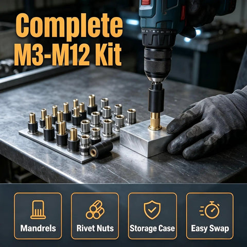 Complete M3-M12 Kit with carbon steel rivet nuts and mandrels on workbench, showcasing precision setup and easy swapping.