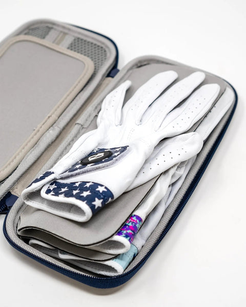 Open black Glove And Accessory Caddie For Golfers Your All In One On Course Organizer showing gloves and accessories neatly stored.