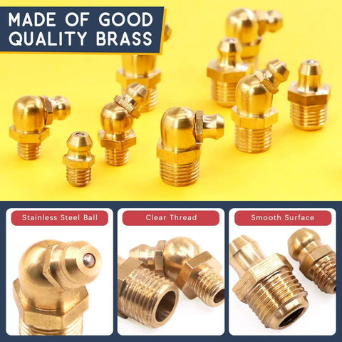Hydraulic Zerk Fittings Kit With Caps, 156 Pcs SAE And Metric Grease Fittings displayed on yellow background with labels