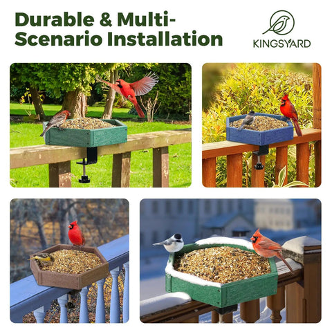 Clamp On Deck Bird Feeder With 11 Inch Hexagon Tray No Drill Balcony Railing Mount 2.2 Inch Clamp installed on various railings