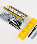 Universal TV Mount Hardware Kit With M8x65 Lag Bolts, Washers, 10x60 Anchors, And Bubble Level in transparent case