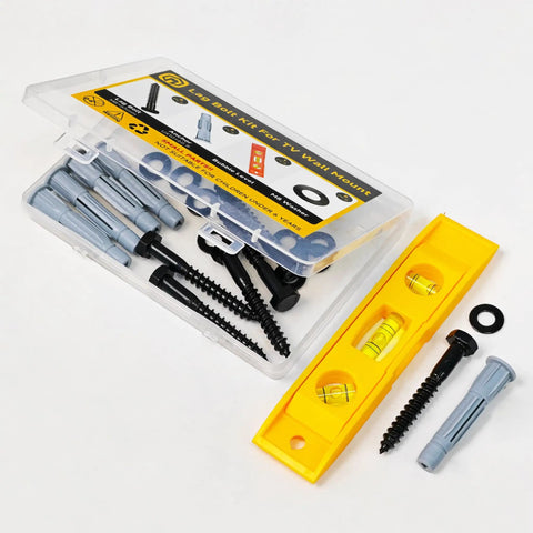 Universal TV Mount Hardware Kit With M8x65 Lag Bolts, Washers, 10x60 Anchors, And Bubble Level in transparent case