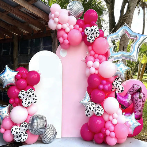 Pink Cow Print Balloons Party Kit 67 Piece Set For Birthday Baby Shower Rodeo Farm Party Decorations includes 12 inch cowgirl balloons