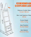 Removable Dock Ladder With 5 Steps And 350 Lbs Load Capacity For Pontoon Boats 4 Inch Wide Nonslip Pedals All Aluminum Design Built For Ship Lake Pool And Marine Boarding, 16.9 in tall