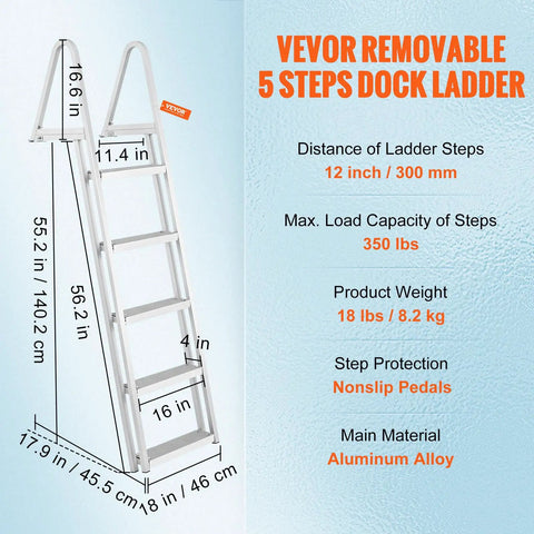 Removable Dock Ladder With 5 Steps And 350 Lbs Load Capacity For Pontoon Boats 4 Inch Wide Nonslip Pedals All Aluminum Design Built For Ship Lake Pool And Marine Boarding, 16.9 in tall
