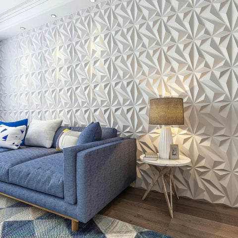 33 Pack 3D Diamond Wall Panels For Interior Decor, PVC Flower Texture Wall Panels For Living Room, Bedroom, Lobby, Hotel And Office, White 12x12 Inches Covers 32 Sq Ft, Easy DIY Accent Wall featuring a contemporary living room setup with a textured wall.