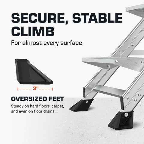 Three Step Foldable Aluminum Step Stool 2.2 Ft Tall With Non Slip Riser, lightweight aluminum feet for stable climb