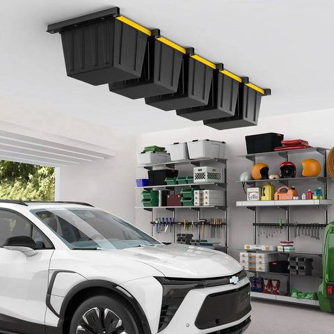 Heavy Duty Ceiling Storage Rack for Garage Overhead Storage System Adjustable Bin Organizer 5 Sets for 4 Bins 26 Inch Span Rust Resistant