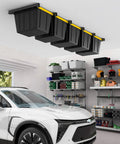Heavy Duty Ceiling Garage Storage Rack Adjustable Overhead Bin System Black Powder Coated Steel 6 Sets For Up To 5 Bins 26 Inch Wide Space Saving Organization For Tools And Gear installed on garage ceiling with bins