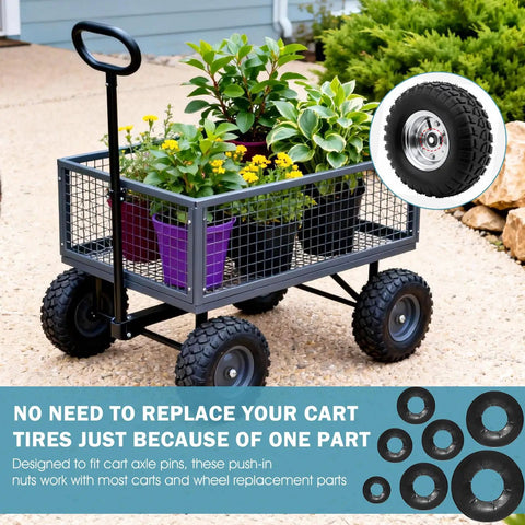 Garden cart with plants and inset image of wheel showcasing the Heavy Duty Internal Tooth Star Lock Washer Kit For Quick One Way Locking On Axles 49 Piece Set With Oiled Phosphate Finish For Rust Resistant Outdoor Gear And Mechanical Fixes.