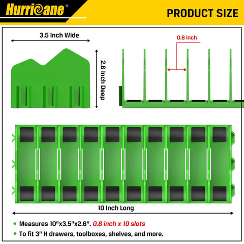 Diagram of 10 Slot Pliers Organizer Rack With Non Slip Rubber Base Extendable Tool Drawer Storage For Pliers and Hand Tools Green Modular Rack Fits 3 Inch Height Tools Keeps Your Gear Accessible and Neat 1 Pack, showing dimensions and slots.