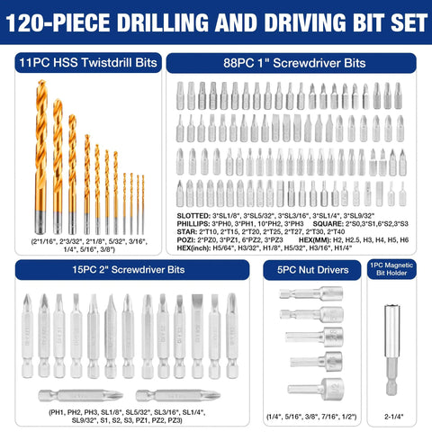 All In One 120 Piece Drill Bit Set With Impact Driver Bits And Screwdriver Bits For Wood Metal Plastic, includes sizes and types