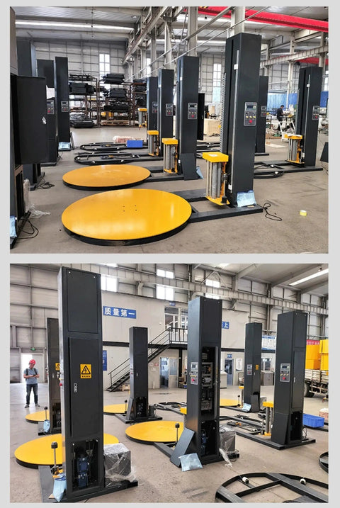 Automatic Stretch Film Pallet Wrapper Heavy Duty Workhorse With 65 Inch Turntable And 4400 Pound Capacity, showing equipment in a warehouse.