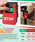 Kickass On Off Switch For Table Saw And Woodworking Gear Dual Voltage 120V 230V Single Phase Circuit Breaker Panel with hands pressing stop button.