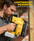 Man using Tough 18 Gauge Cordless Brad Nailer And Stapler Pair to fasten wood, showcasing one-handed control and power.