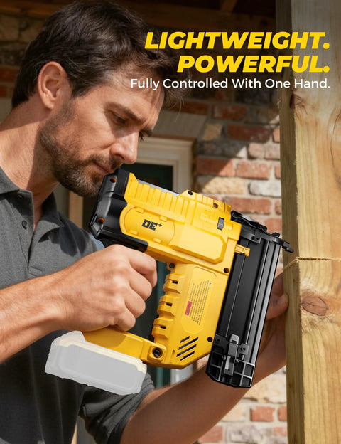 Man using Tough 18 Gauge Cordless Brad Nailer And Stapler Pair to fasten wood, showcasing one-handed control and power.