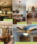Various lighting fixtures including chandeliers, Sputnik fixtures, vanity lights, and ceiling fans in home settings.