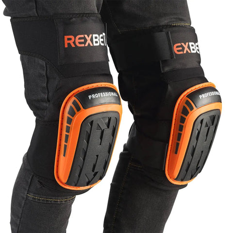 Heavy Duty Work Knee Pads For Men With Gel Foam Cushions Anti Slip Padding For Construction Gardening And Cleaning Thick Comfort Pad Secure Fit With Strong Stretch Straps And Thigh Support All Day Comfort Orange, worn on legs.