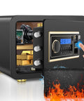Fireproof Safe With Biometric Access, Waterproof 1.4 Cubic Foot Electronic Digital Security Safe for home office showing open door, hidden touchpad, and camera inside.