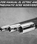 Four Piece Flexible Socket Extension Bar Set With One Half Quarter And Three Eighth Inch Shafts shown for use with screwdrivers.
