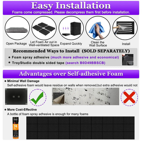 Installation instructions for Top Shelf Pyramid Acoustic Foam Panels 50 Pack 16X12X2 Inches High Density Sound Absorbing Tiles.