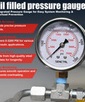 Oil-filled pressure gauge displaying up to 5000 PSI, integrated with a high-quality brass connector for accurate system monitoring.