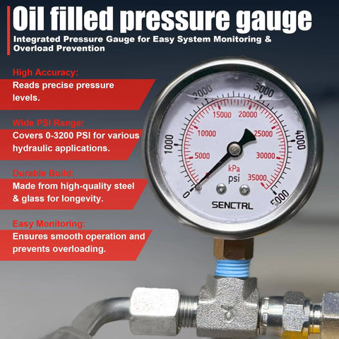 Oil-filled pressure gauge displaying up to 5000 PSI, integrated with a high-quality brass connector for accurate system monitoring.