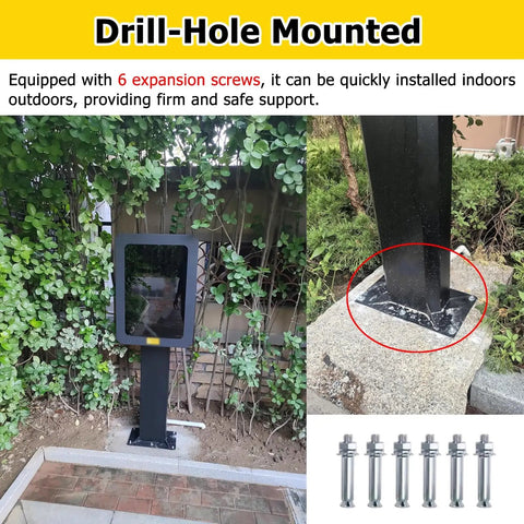Drill-hole mounted Heavy Duty Metal EV Charging Pedestal Designed For Indoor Or Outdoor Commercial Properties Featuring Secure Mechanical Lock And Key Badass Protection Slick Black Finish with expansion screws.