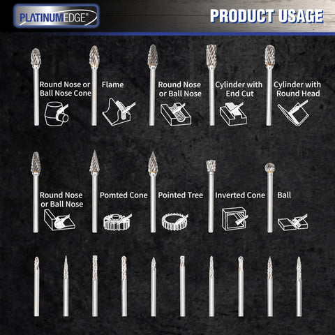 Chart showing various shapes of the 20 Piece Tungsten Carbide Burr Set With One Eighth Inch Shank For High Speed Metal Grinding