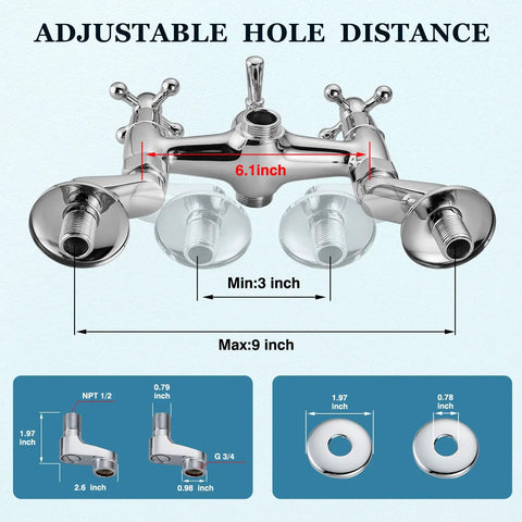 Polished Chrome Clawfoot Tub Faucet Set With Handheld Shower Wall Mount Tub Filler Two Cross Handles 3-9 in Adjustable