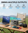 Portable Power Station With 700W Surge, 288Wh LiFePO4 Battery Backup, AC Outlet 110V on outdoor table with devices