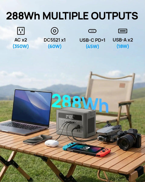 Portable Power Station With 700W Surge, 288Wh LiFePO4 Battery Backup, AC Outlet 110V on outdoor table with devices